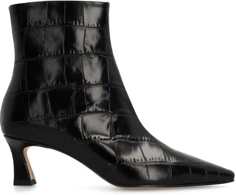 Manfield Dames Zwarte leren croco enkellaarsjes met hak