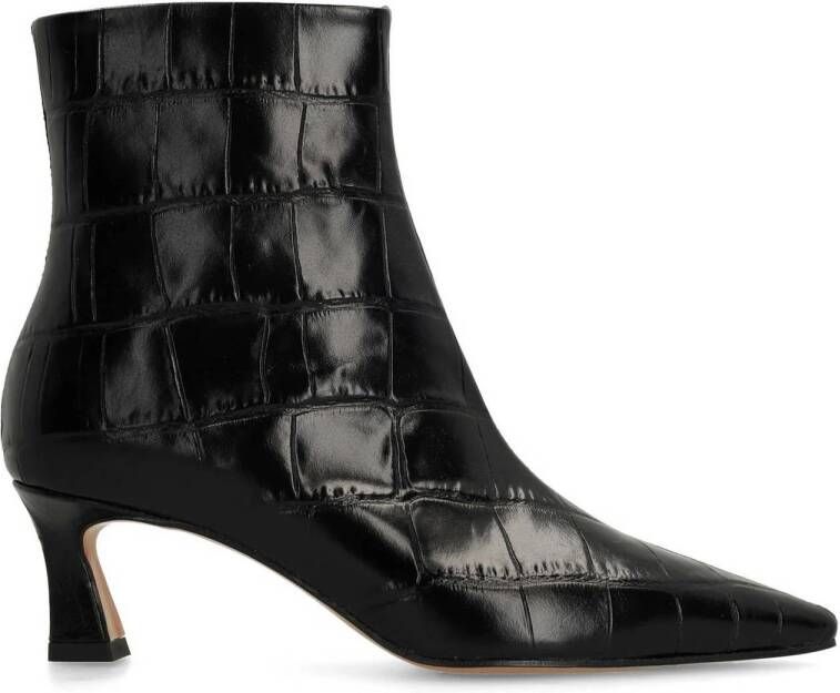 Manfield Dames Zwarte leren croco enkellaarsjes met hak