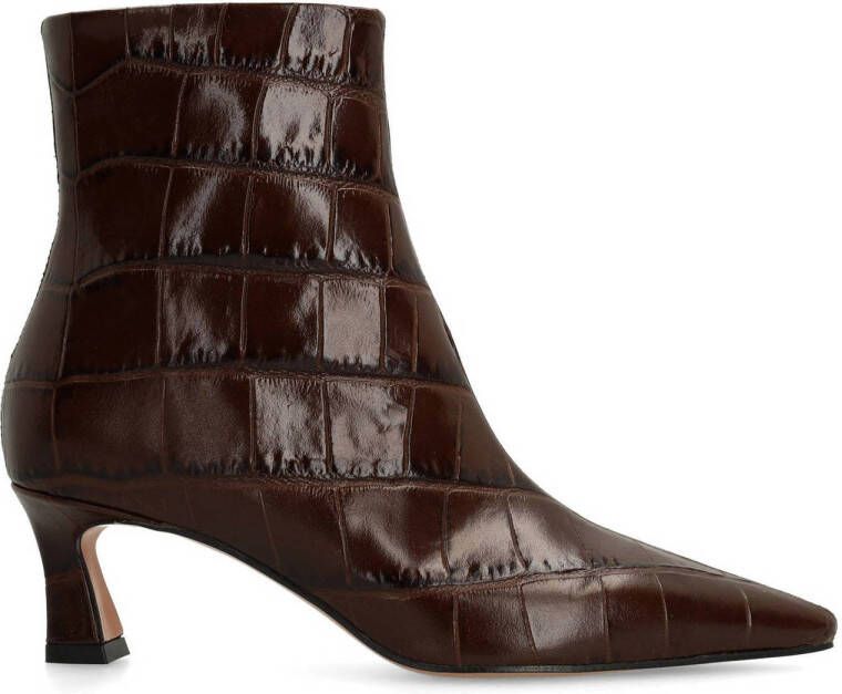 Manfield Dames Bruine leren croco enkellaarsjes met hak