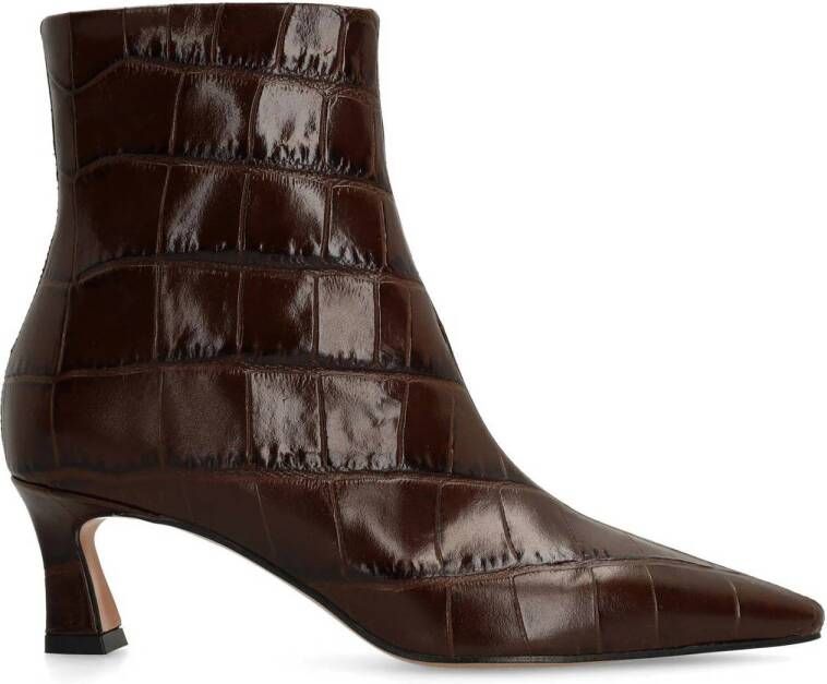 Manfield Dames Bruine leren croco enkellaarsjes met hak