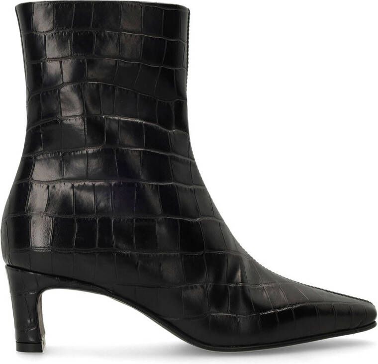 Manfield Dames Zwarte leren croco enkellaarsjes met hak