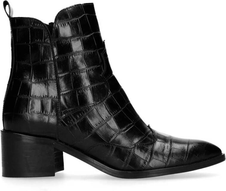 Manfield Dames Zwarte enkellaarsjes met crocoprint