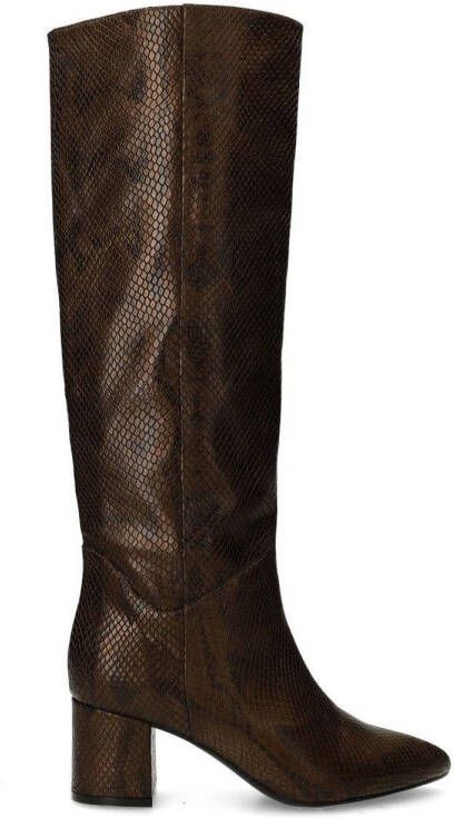Manfield Dames Bruine snake print hoge leren laarzen met hak