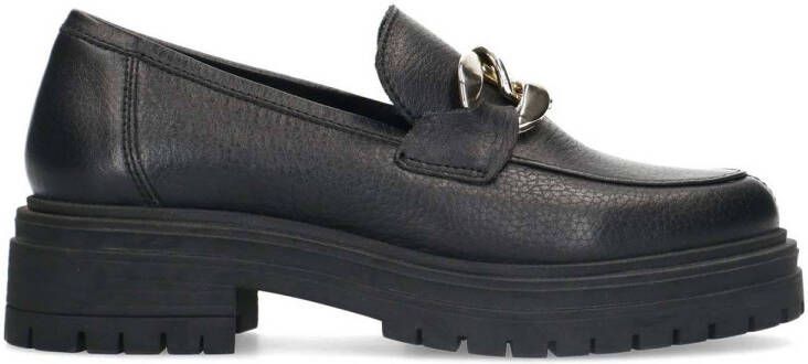 Manfield Dames Zwarte leren loafers met zilverkleurige chain