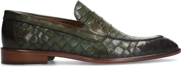 Manfield Heren Groene leren loafers met crocoprint