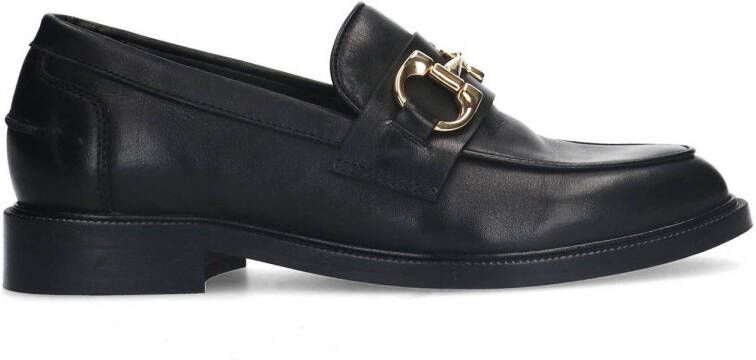 Manfield Dames Zwarte leren loafers met goudkleurige chain