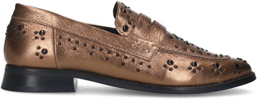 Manfield Dames Bronzen leren loafers met zwarte studs