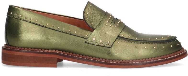 Manfield Dames Groene metallic leren loafers met studs