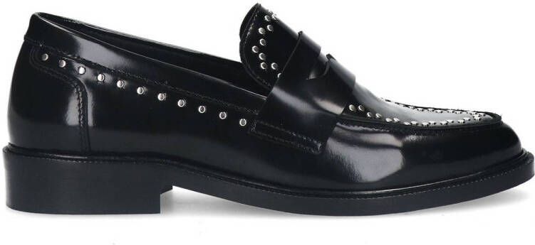 Manfield Dames Zwarte leren loafers met zilverkleurige studs