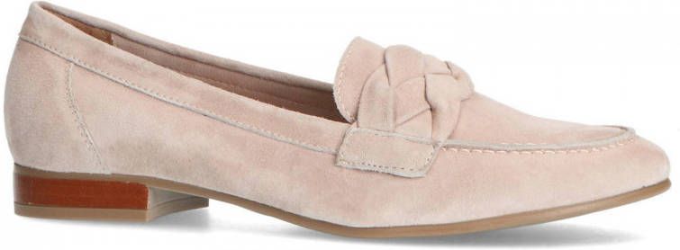 Manfield Dames Taupe leren loafers met gevlochten band - Schoenen.nl