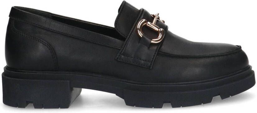 Manfield Dames Zwarte leren loafers met goudkleurig detail