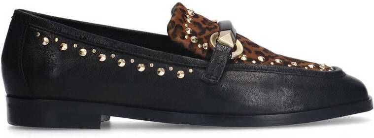Manfield Dames Zwarte leren loafers met details Panterprint