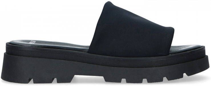 Manfield Dames Zwarte leren plateau sandalen - Schoenen.nl