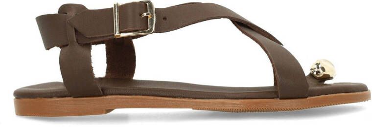 Manfield Dames Bruine leren sandalen met goudkleurig detail