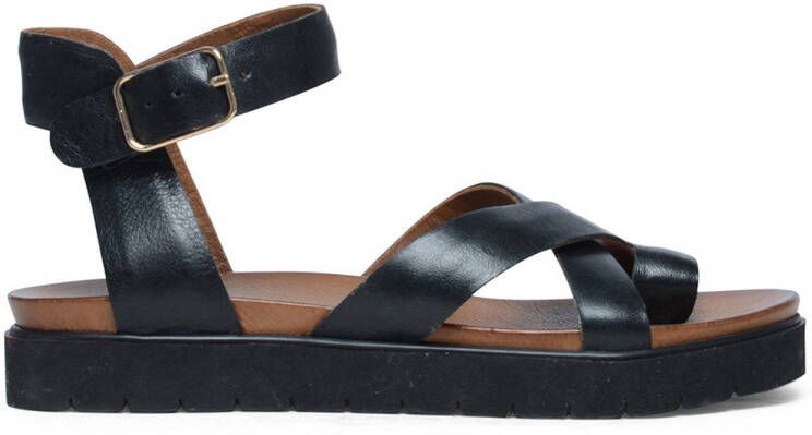 Manfield Dames Leren plateau sandalen met gespsluiting zwart