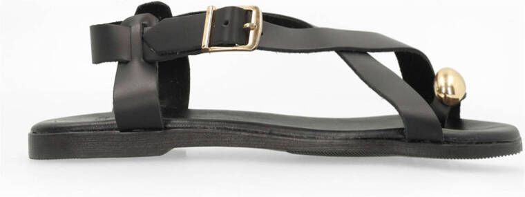 Manfield Dames Zwart leren sandalen met goudkleurig detail