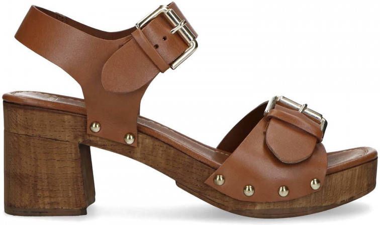 Manfield Dames Cognac leren sandalen met blokhak - Schoenen.nl