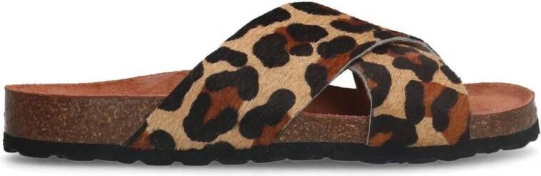 Manfield leren slippers met panterprint beige - Foto 2
