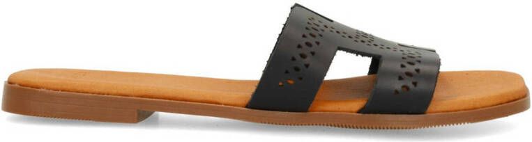 Manfield Dames Zwarte leren slippers