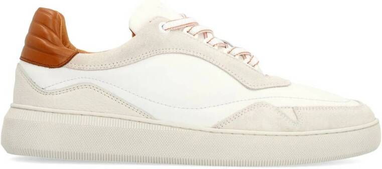 Manfield Heren Witte leren sneakers met beige details
