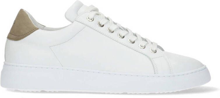 Manfield Heren Witte leren sneakers met taupe detail