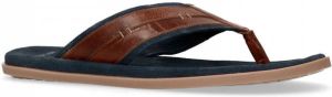 Manfield Heren Cognac slippers met donkerblauwe details