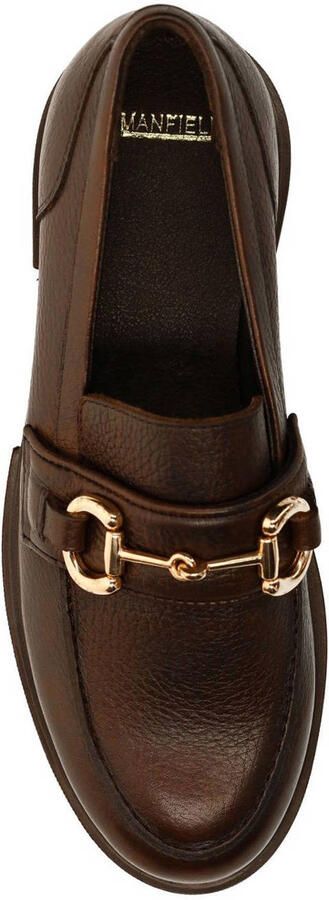 Manfield Dames Donkerbruine leren loafers met gouden chain - Foto 3