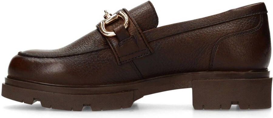 Manfield Dames Donkerbruine leren loafers met gouden chain