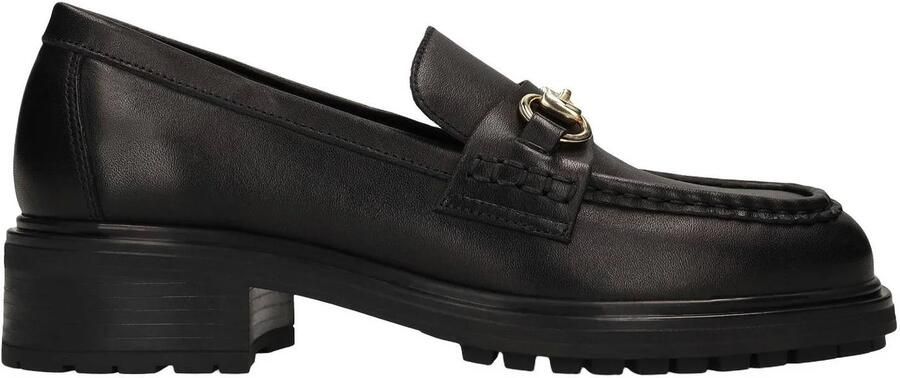 Manfield Dames Zwarte leren loafers met gouden chain