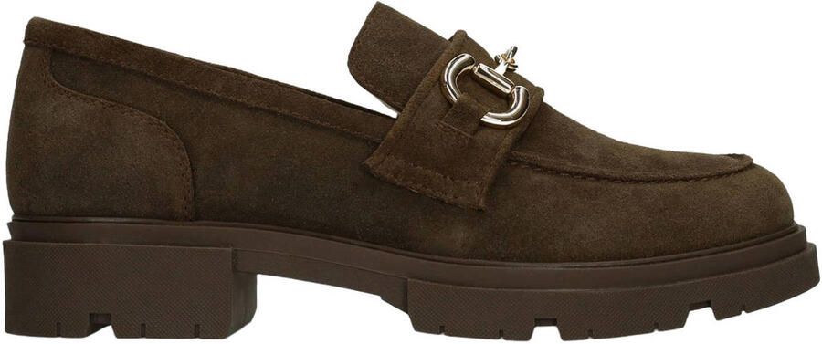 Manfield Dames Bruine suède loafers met goudkleurig detail