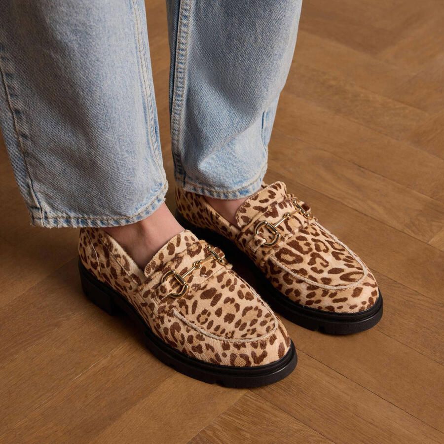 Manfield chunky suède loafers met panterprint beige - Foto 2