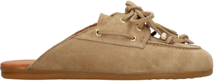 Manfield Dames Beige suède muiltjes met franjes
