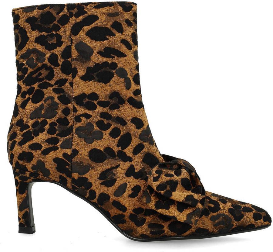 Manfield enkellaarzen met strik en panterprint cognac zwart