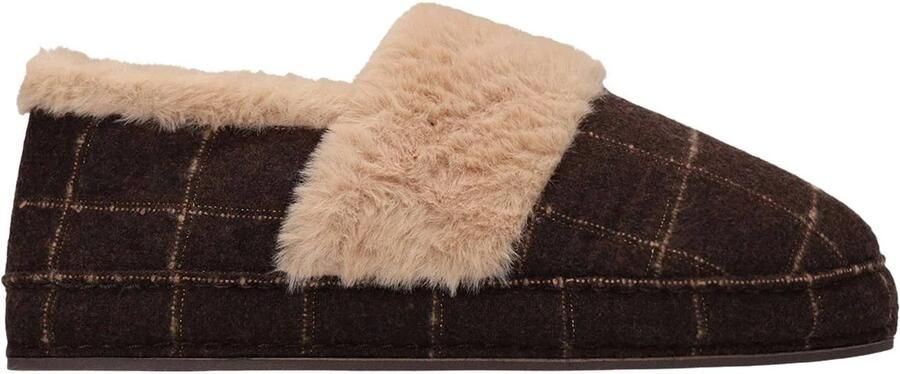 Manfield Dames Bruine geruite pantoffels met bont
