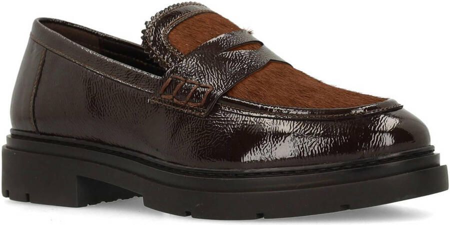 Manfield Dames Bruine lakleren loafers met pony hair