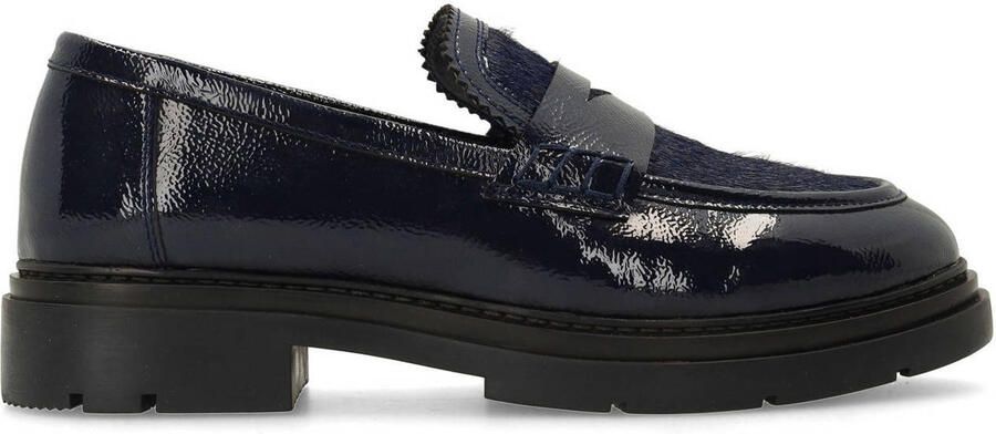 Manfield Dames Donkerblauwe lakleren loafers met pony hair
