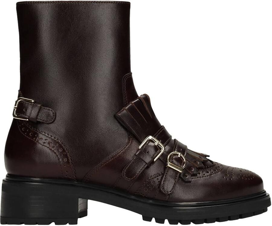 Manfield Dames Donkerbruine leren enkellaarsjes met gouden gespen