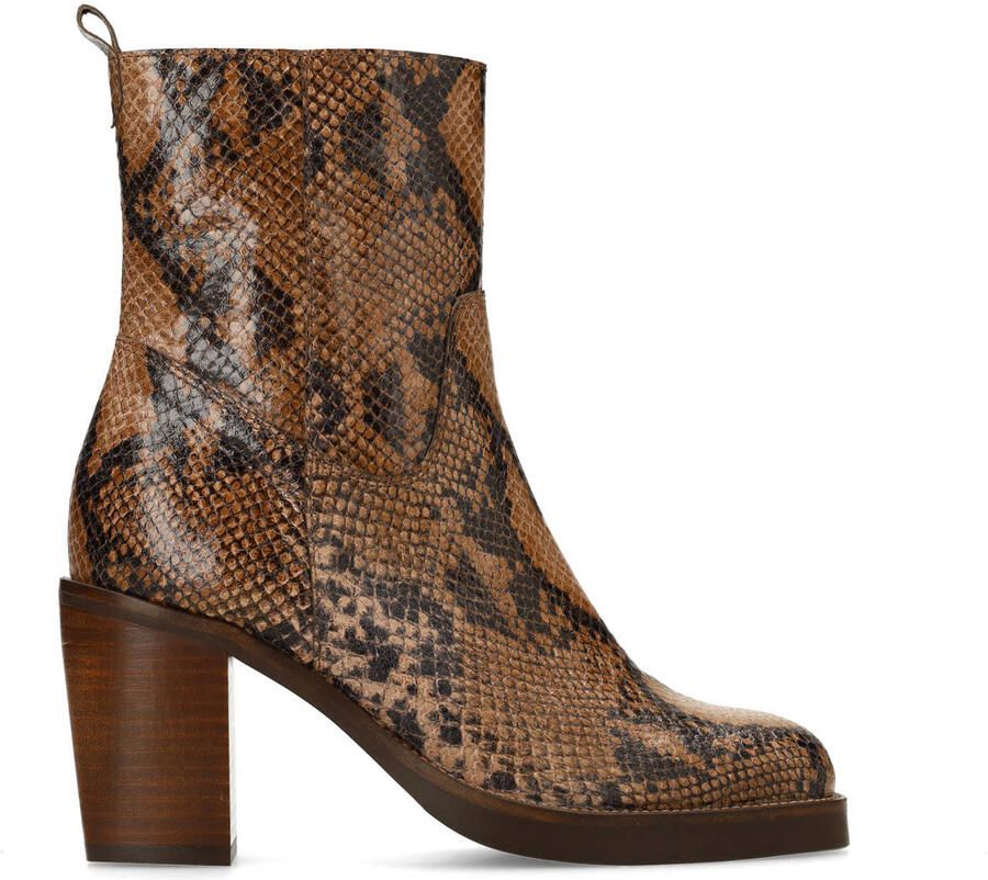 Manfield Dames Taupe leren snakeprint enkellaarsjes met hak
