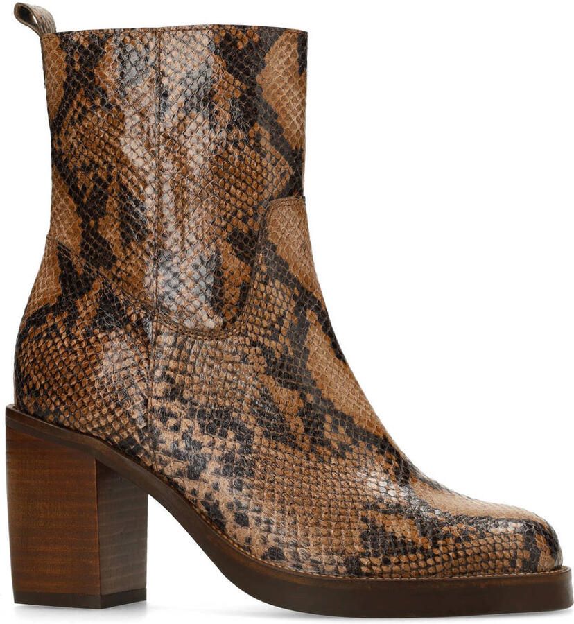 Manfield Dames Taupe leren snakeprint enkellaarsjes met hak