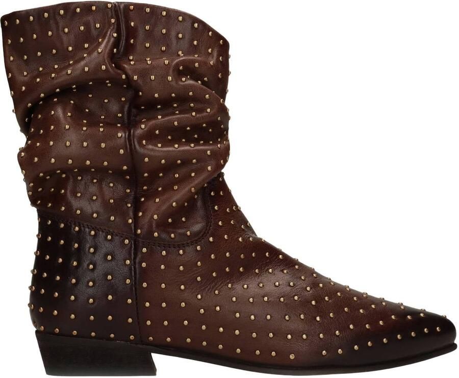 Manfield Dames Bruine leren slouchy enkellaarsjes met gouden studs
