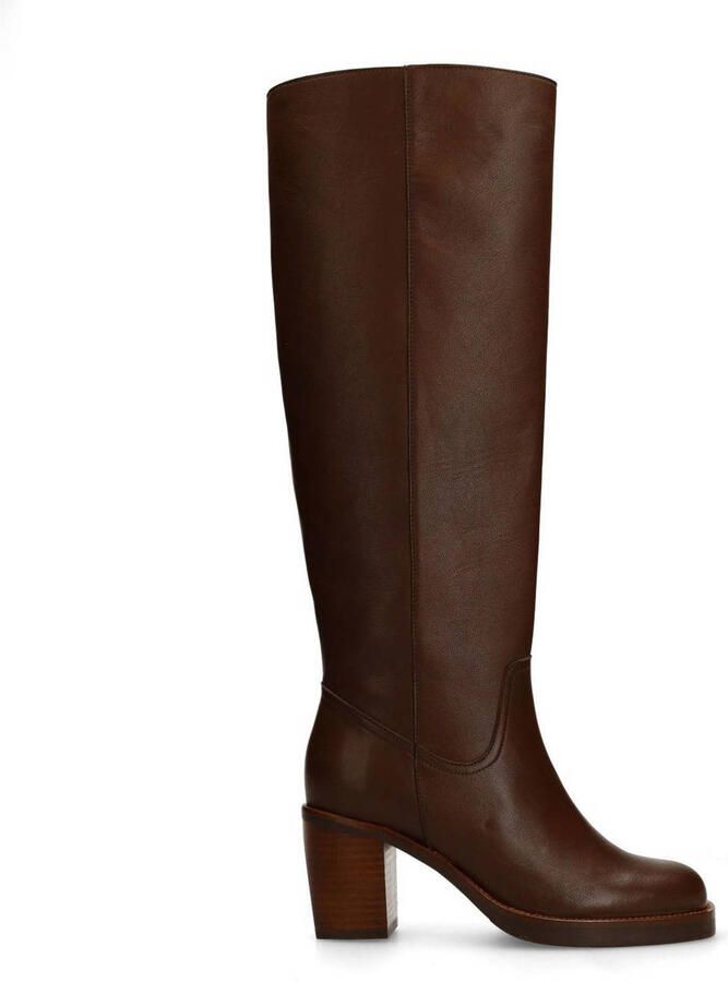 Manfield Dames Donkerbruine leren hoge laarzen met hak