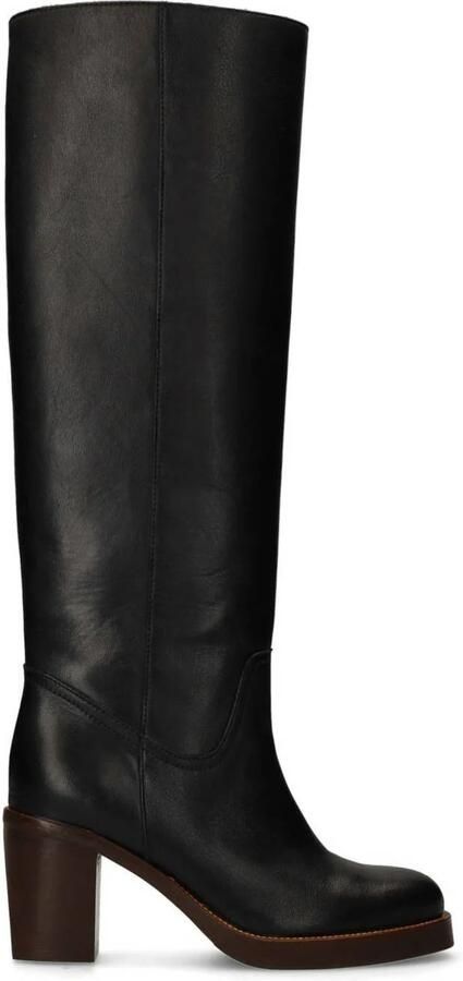 Manfield Dames Zwarte leren hoge laarzen met hak