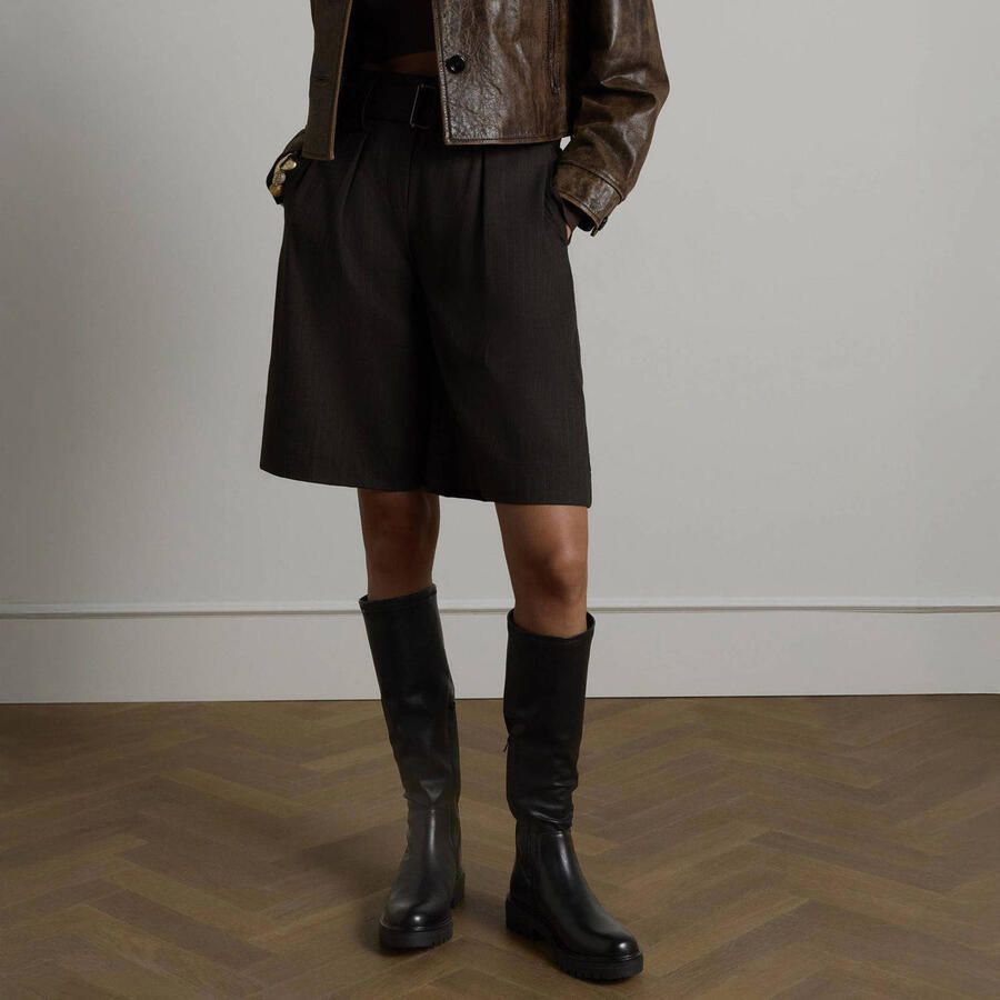 Manfield Dames Zwarte leren hoge laarzen met brede schacht