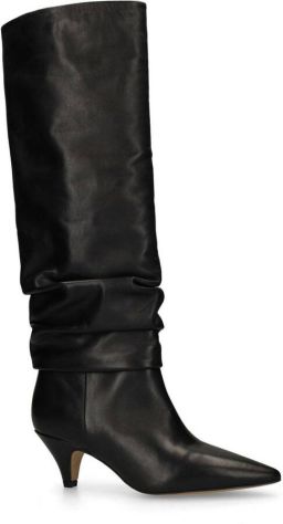 Manfield Dames Zwarte leren hoge laarzen met kittenheel