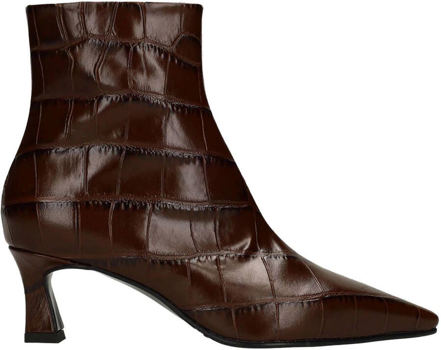 Manfield Dames Donkerbruine leren croco enkellaarsjes met hak