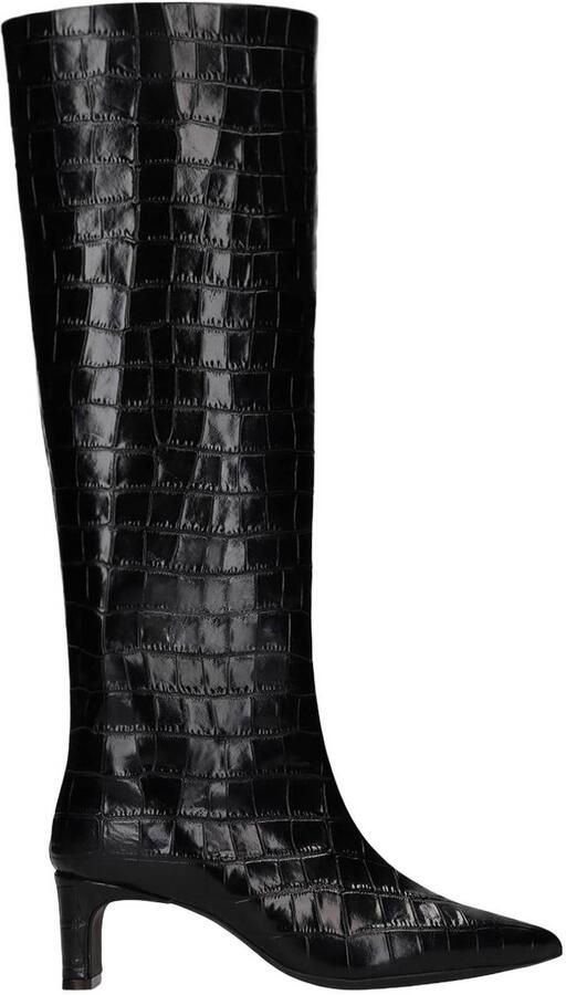 Manfield Dames Zwarte leren hoge laarzen met croco print