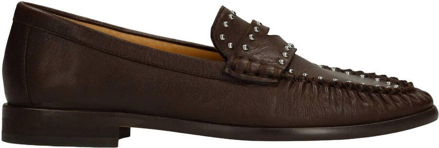 Manfield Dames Bruine leren loafers met zilverkleurige studs