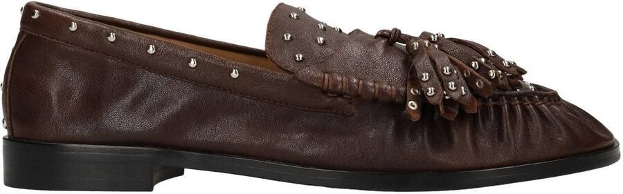 Manfield Dames Bruine leren loafers met zilveren studs