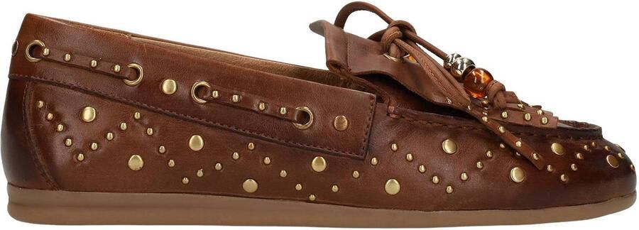Manfield Dames Cognac leren loafers met gouden studs
