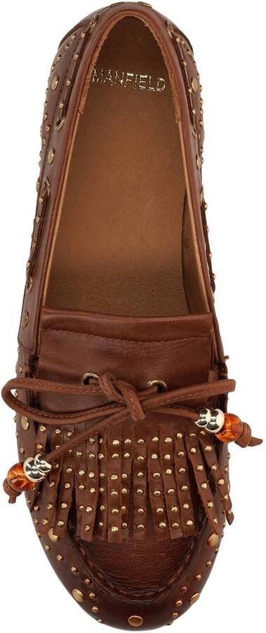 Manfield Dames Cognac leren loafers met gouden studs - Foto 2